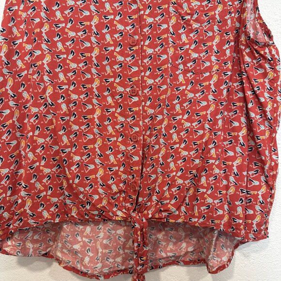 Beach Lunch Lounge Sleeveless Blouse Button Up Tied Waist Bird Pattern Womens XL - Picture 6 of 9